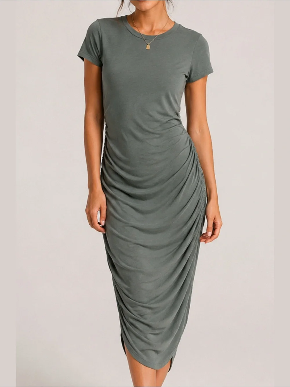 Ruched Side Short Sleeve Midi Dress - Olive Green